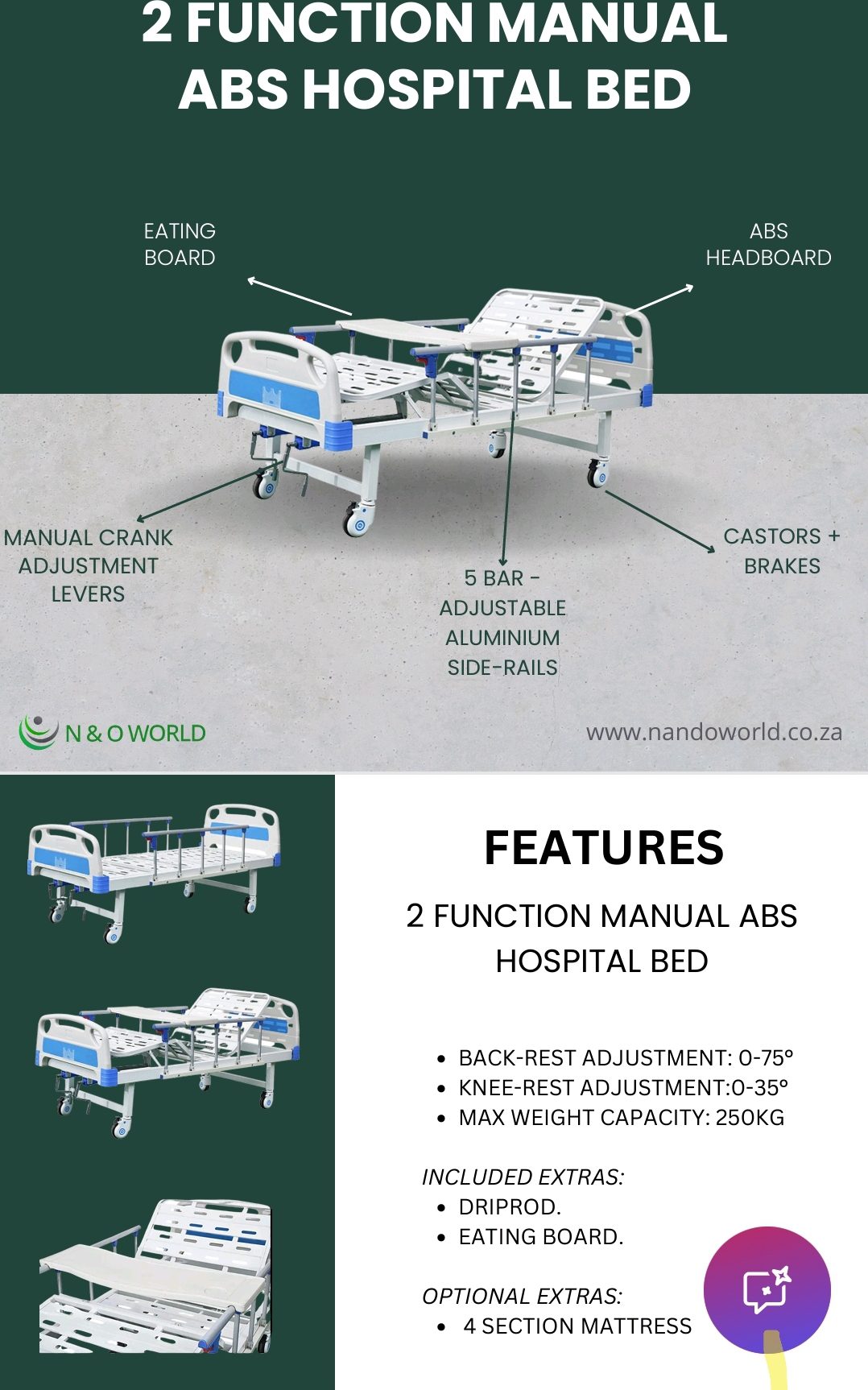 2 Crank Hospital Bed with Driprod - Image 2